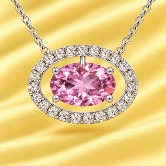 Pink amethyst necklace with an 8×5 mm oval in white gold-plated 925 silver, accented with moissanite. Elegant for daily wear. Available now at BSI Jewelry.