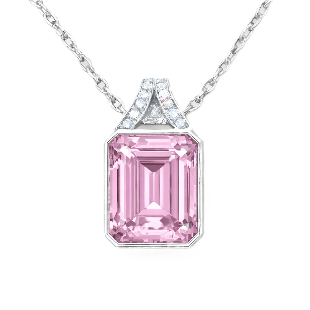 Pink amethyst pendant with a 12×10 mm emerald-cut gemstone in white gold-plated 925 silver. Soft, elegant, and radiant for daily wear. Available now at BSI Jewelry.