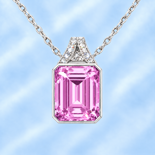 Pink amethyst pendant with a 12×10 mm emerald-cut gemstone in white gold-plated 925 silver. Soft, elegant, and radiant for daily wear. Available now at BSI Jewelry.