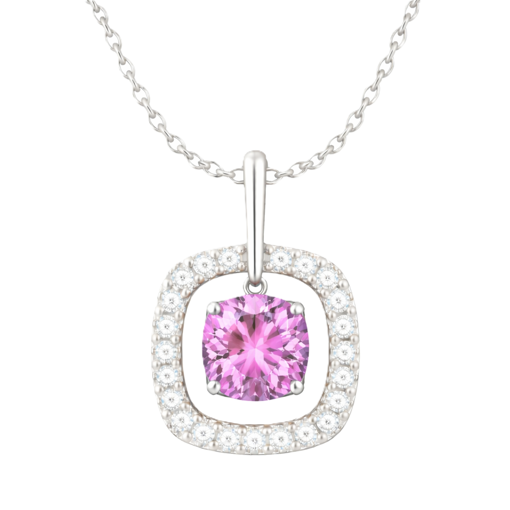 Pink amethyst pendant with a 7 mm cushion-cut in white gold-plated 925 silver, accented by a moissanite halo. Elegant and refined. Available now at BSI Jewelry.