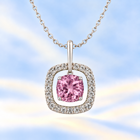 Pink amethyst pendant with a 7 mm cushion-cut in white gold-plated 925 silver, accented by a moissanite halo. Elegant and refined. Available now at BSI Jewelry.