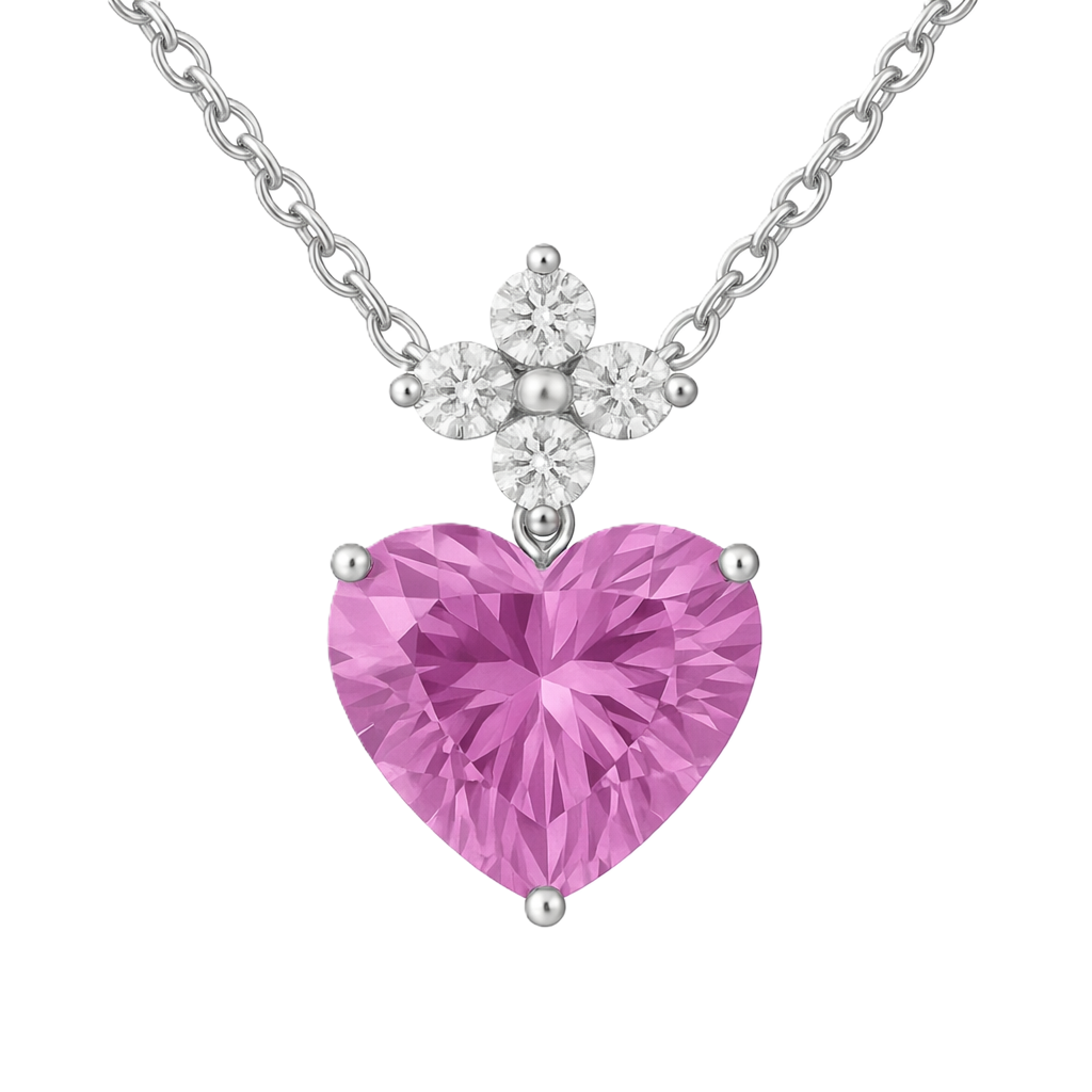 Romantic 7mm heart-cut Pink Amethyst pendant with Moissanite accents in white-gold-plated 925 silver. Graceful charm and radiant beauty. Now at BSI Jewelry.