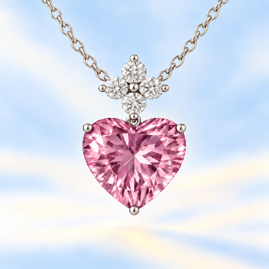Romantic 7mm heart-cut Pink Amethyst pendant with Moissanite accents in white-gold-plated 925 silver. Graceful charm and radiant beauty. Now at BSI Jewelry.