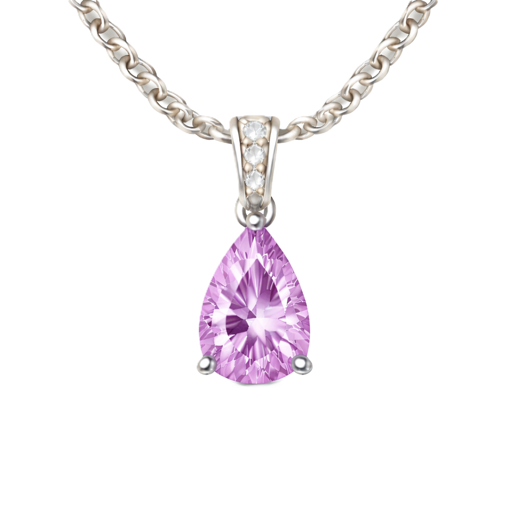Pink amethyst pendant with an 8×5 mm pear cut, crafted in white gold-plated 925 silver. Soft and elegant for daily wear. Available now at BSI Jewelry.