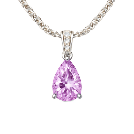 Pink amethyst pendant with an 8×5 mm pear cut, crafted in white gold-plated 925 silver. Soft and elegant for daily wear. Available now at BSI Jewelry.