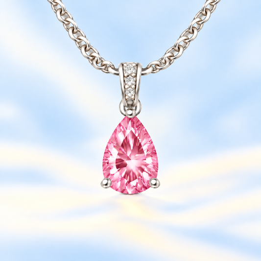 Pink amethyst pendant with an 8×5 mm pear cut, crafted in white gold-plated 925 silver. Soft and elegant for daily wear. Available now at BSI Jewelry.