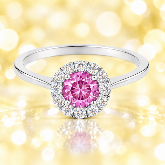 Pink amethyst ring with a 4.50 mm round-cut stone in white gold-plated 925 silver, accented with moissanite for soft pink brilliance. Available now at BSI Jewelry.