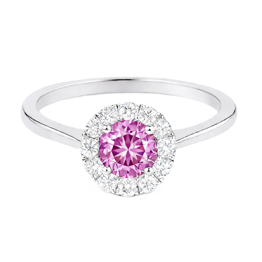 Pink amethyst ring with a 4.50 mm round-cut stone in white gold-plated 925 silver, accented with moissanite for soft pink brilliance. Available now at BSI Jewelry.
