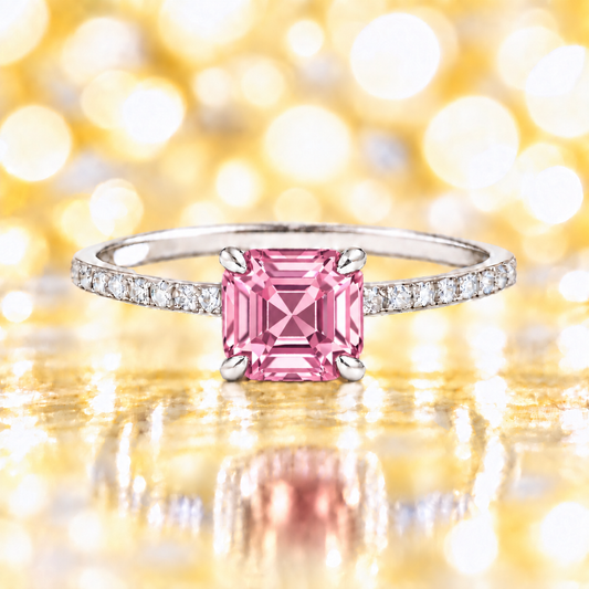 Pink amethyst ring with a 6 mm Asscher-cut stone in white gold-plated 925 silver, accented with moissanite and elegant brilliance. Available now at BSI Jewelry.