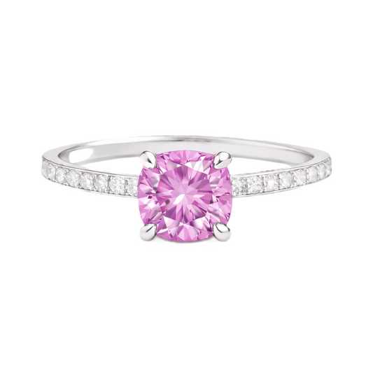 Pink amethyst ring with a 6 mm cushion in white gold-plated 925 silver, accented with moissanite. Fresh and elegant for daily wear. Available now at BSI Jewelry.