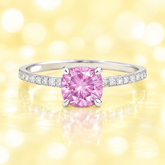 Pink amethyst ring with a 6 mm cushion in white gold-plated 925 silver, accented with moissanite. Fresh and elegant for daily wear. Available now at BSI Jewelry.