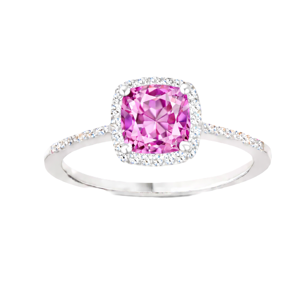 Pink amethyst ring with a 6 mm cushion-cut center in white gold-plated 925 silver, accented with moissanite for refined sparkle. Available now at BSI Jewelry.