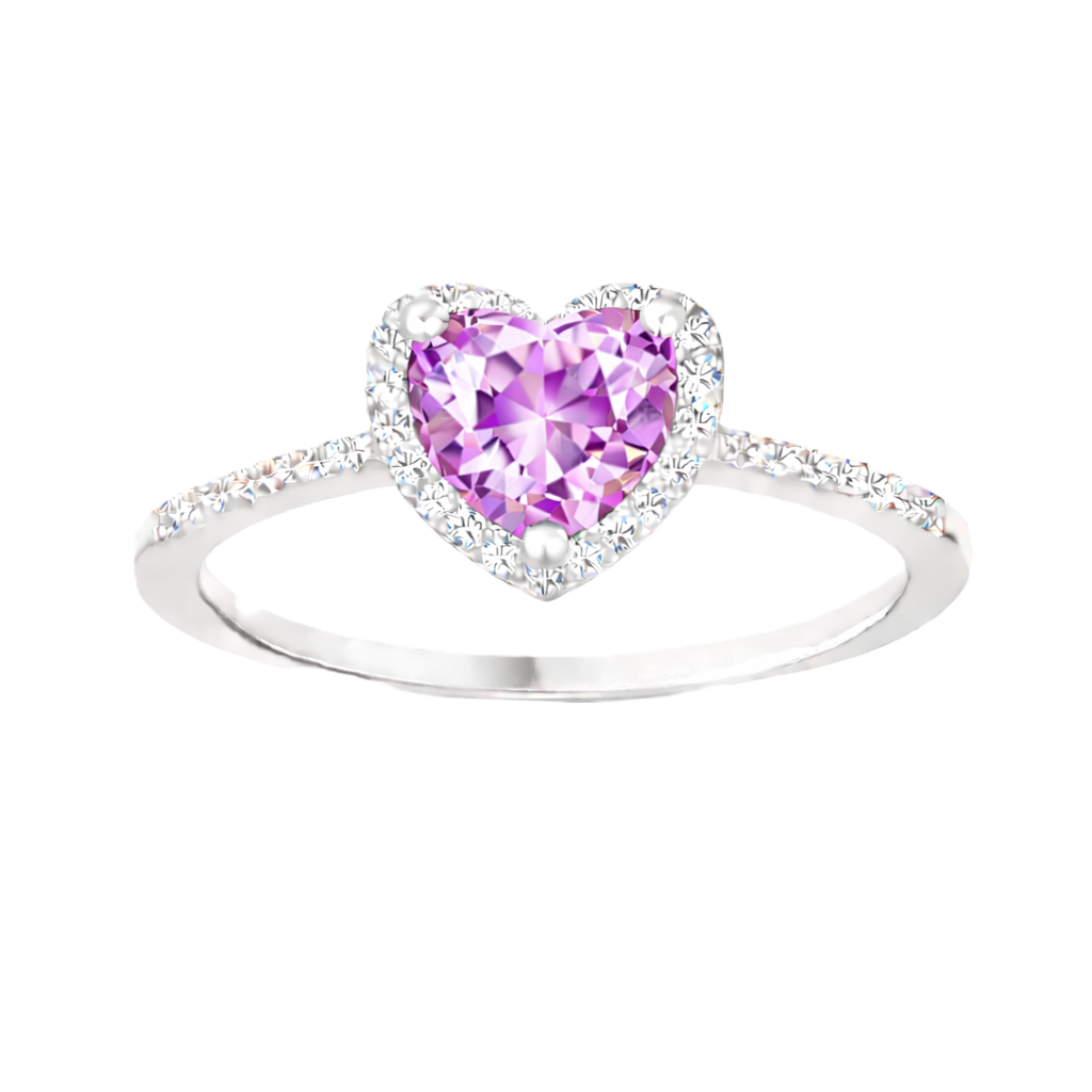 Pink amethyst ring with a 6 mm heart cut, crafted in white gold-plated 925 silver and accented with moissanite. Available now at BSI Jewelry.