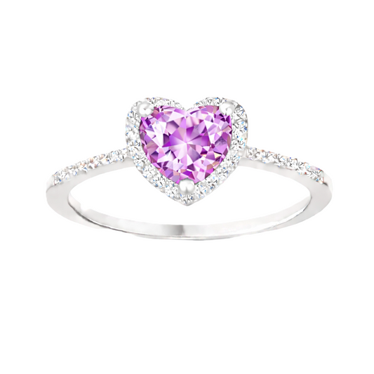 Pink amethyst ring with a 6 mm heart cut, crafted in white gold-plated 925 silver and accented with moissanite. Available now at BSI Jewelry.