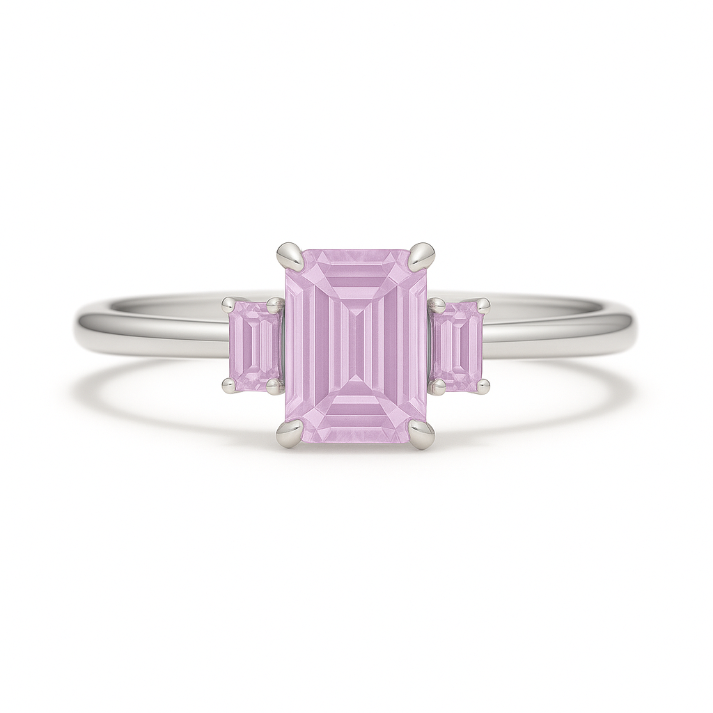 Elegant pink amethyst ring with 6×4 mm and 4×2 mm emerald-cut stones in white gold-plated 925 silver with palladium alloy. Refined beauty. Now at BSI Jewelry.
