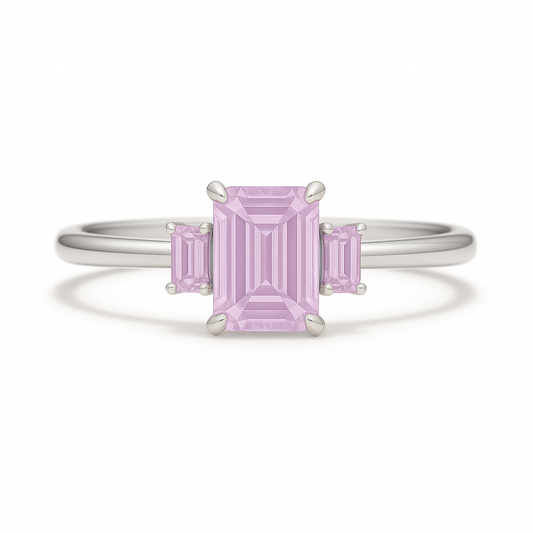 Elegant pink amethyst ring with 6×4 mm and 4×2 mm emerald-cut stones in white gold-plated 925 silver with palladium alloy. Refined beauty. Now at BSI Jewelry.