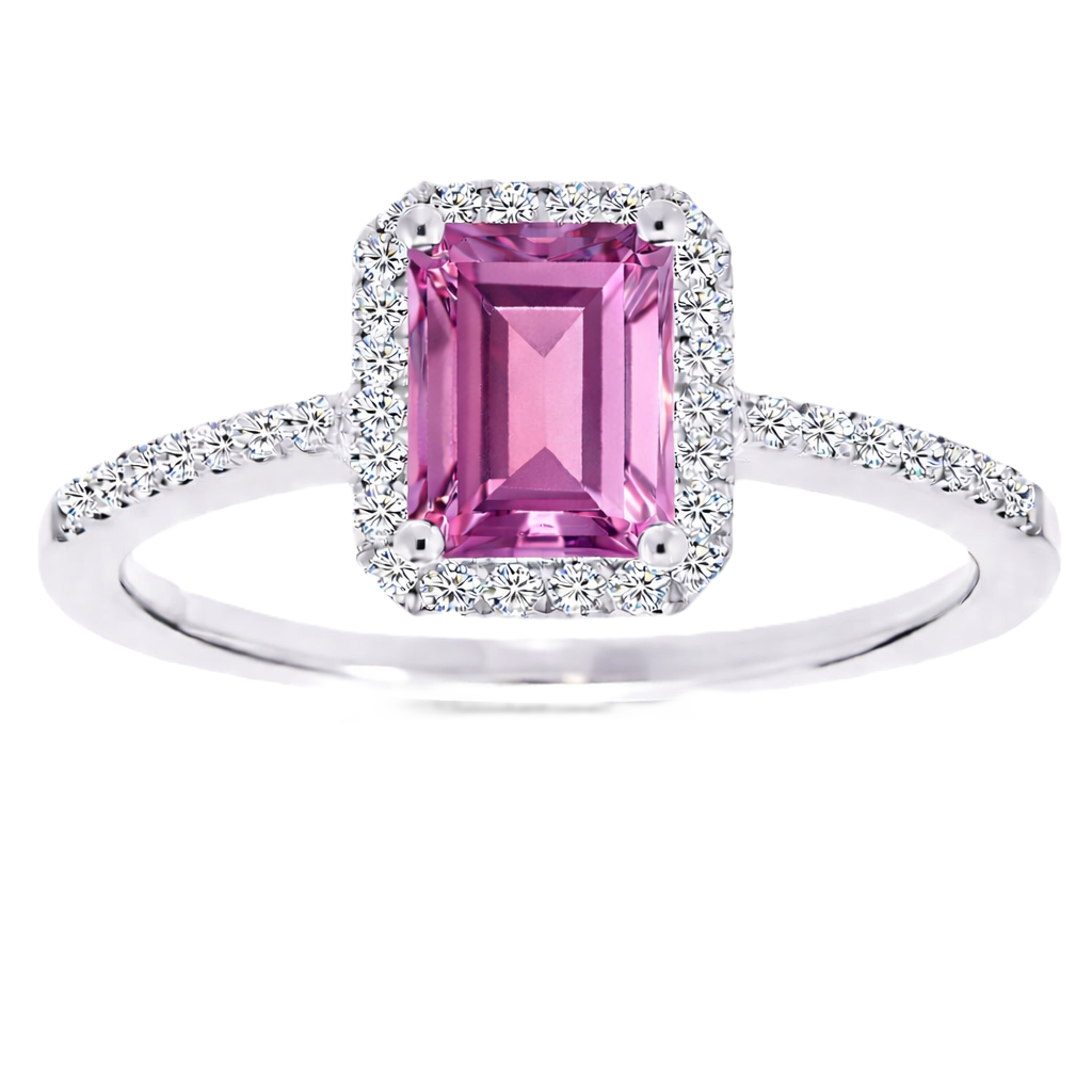 Pink amethyst ring with a 7×5 mm emerald cut, with moissanite in white gold-plated 925 silver. Elegant and timeless for daily wear. Available now at BSI Jewelry.