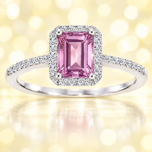 Pink amethyst ring with a 7×5 mm emerald cut, with moissanite in white gold-plated 925 silver. Elegant and timeless for daily wear. Available now at BSI Jewelry.