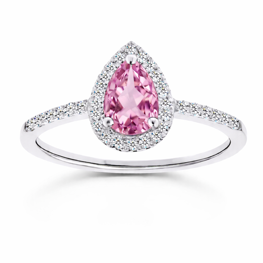 Pink amethyst ring with a 7×5 mm pear cut, with moissanite in white gold-plated 925 silver. Elegant and timeless for daily wear. Available now at BSI Jewelry.