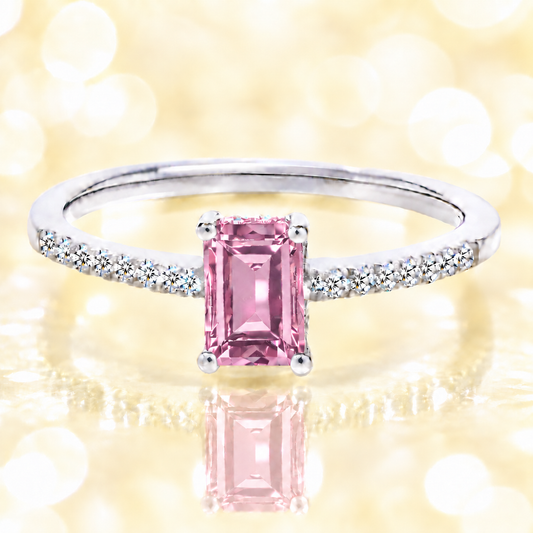 Pink amethyst ring with a 7×5 mm emerald cut in white gold-plated 925 silver, with moissanite. Elegant and refined for daily wear. Available now at BSI Jewelry.