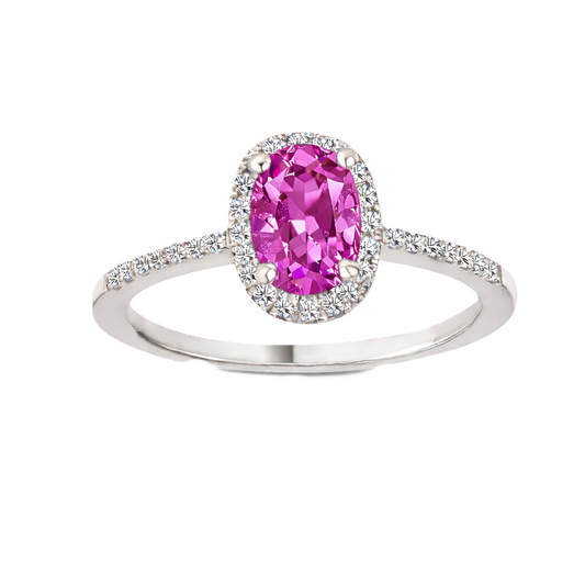 Pink amethyst ring with a 7×5 mm oval cut in white gold-plated 925 silver, with moissanite. Elegant and refined for daily wear. Available now at BSI Jewelry.