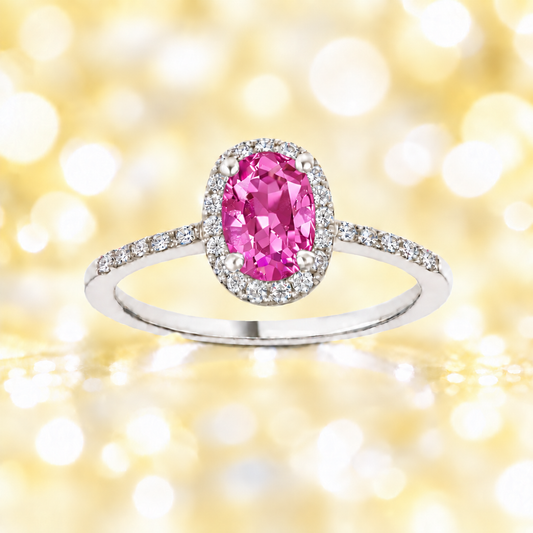 Pink amethyst ring with a 7×5 mm oval cut in white gold-plated 925 silver, with moissanite. Elegant and refined for daily wear. Available now at BSI Jewelry.