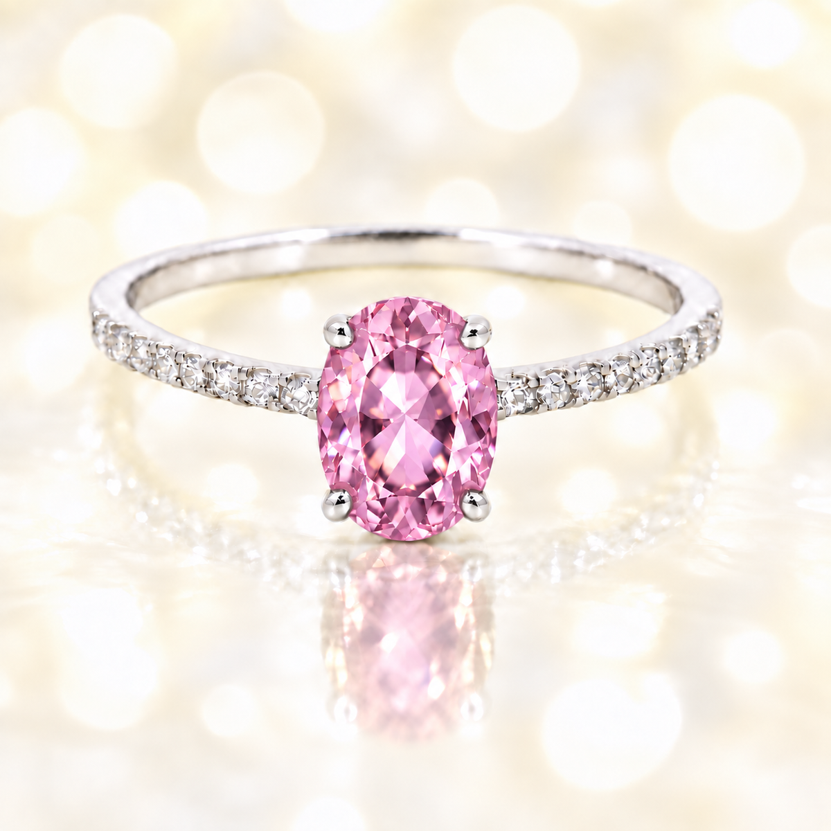 Pink amethyst ring with a 7×5 mm oval-cut stone and moissanite accents in white gold plated 925 silver. Elegant for daily wear. Available now at BSI Jewelry.
