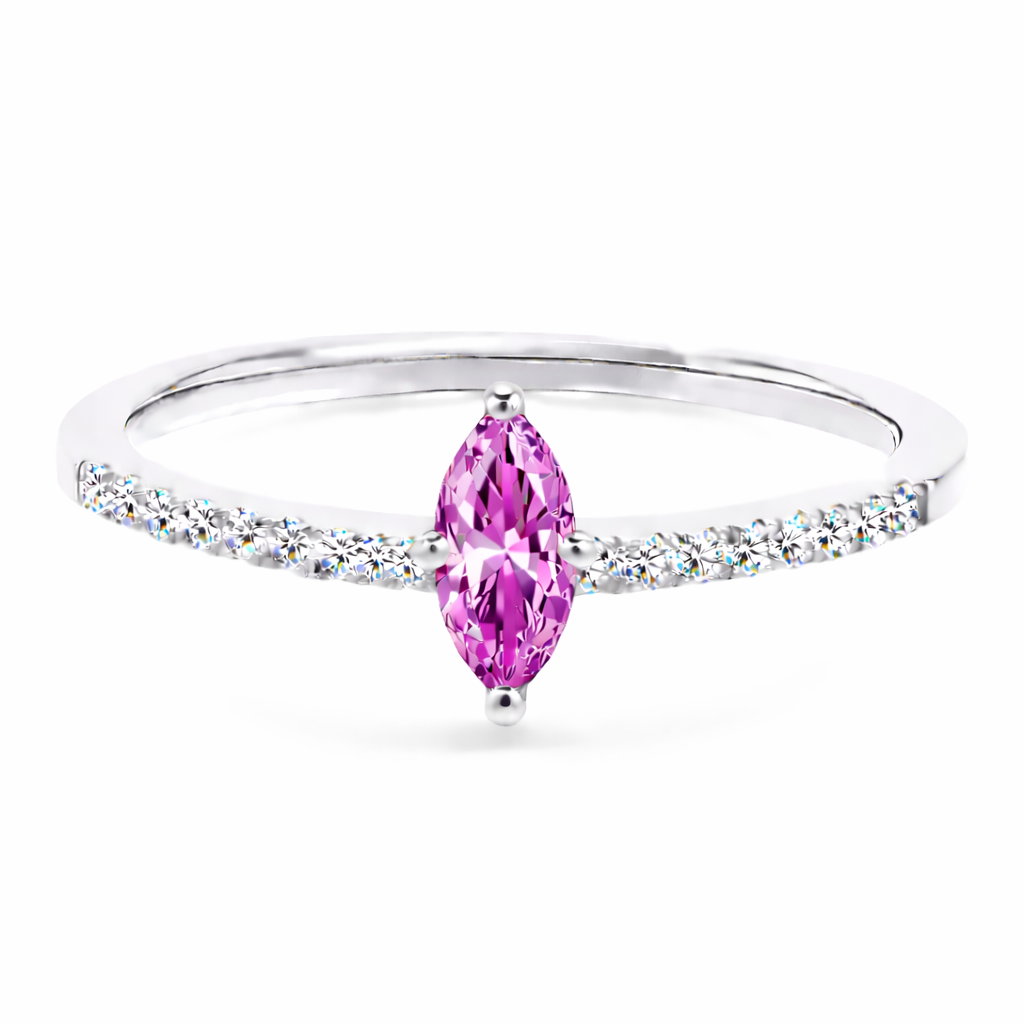 Pink amethyst ring with an 8×4 mm marquise-cut stone, accented by moissanite in white gold-plated 925 silver. Elegant and feminine. Available now at BSI Jewelry.
