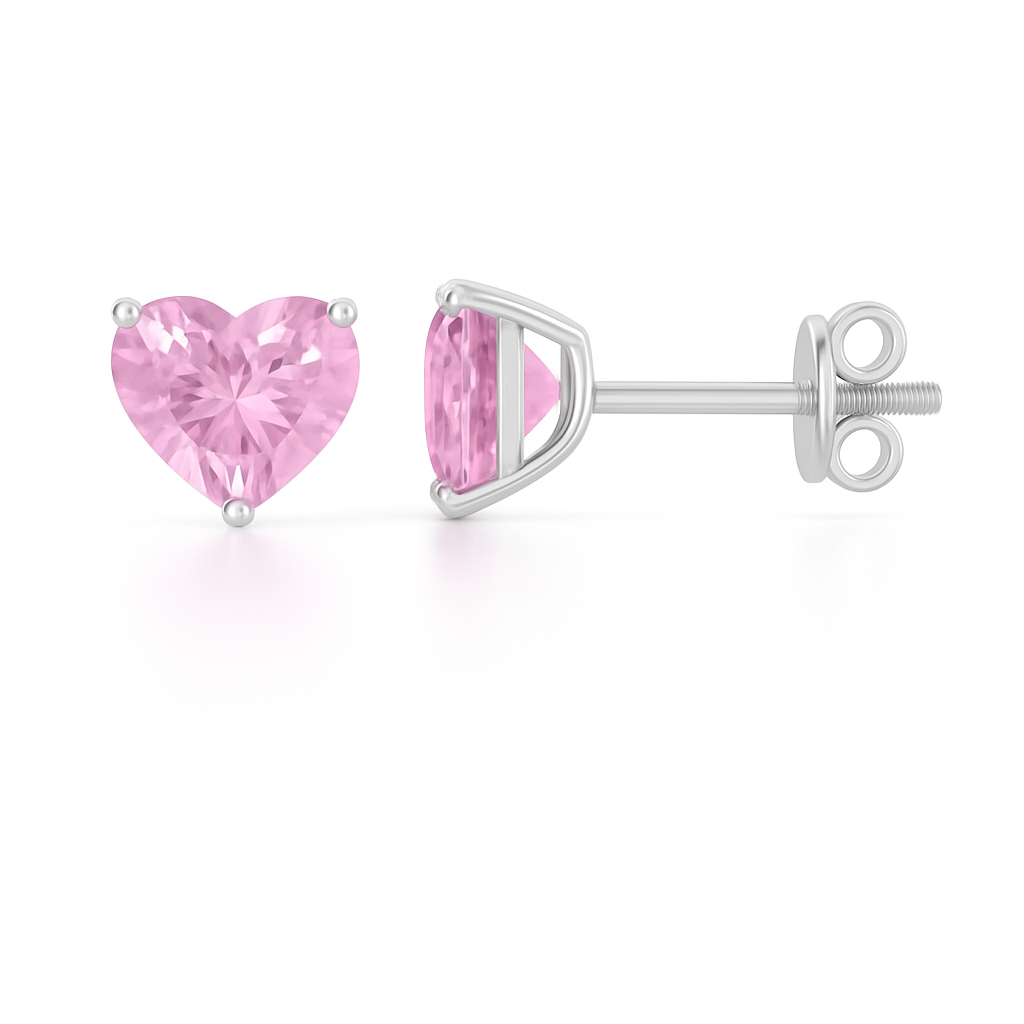Pink amethyst stud earrings, 6 mm heart cut, in white gold-plated 925 silver with palladium alloy. Elegant and hypoallergenic. Available now at BSI Jewelry.