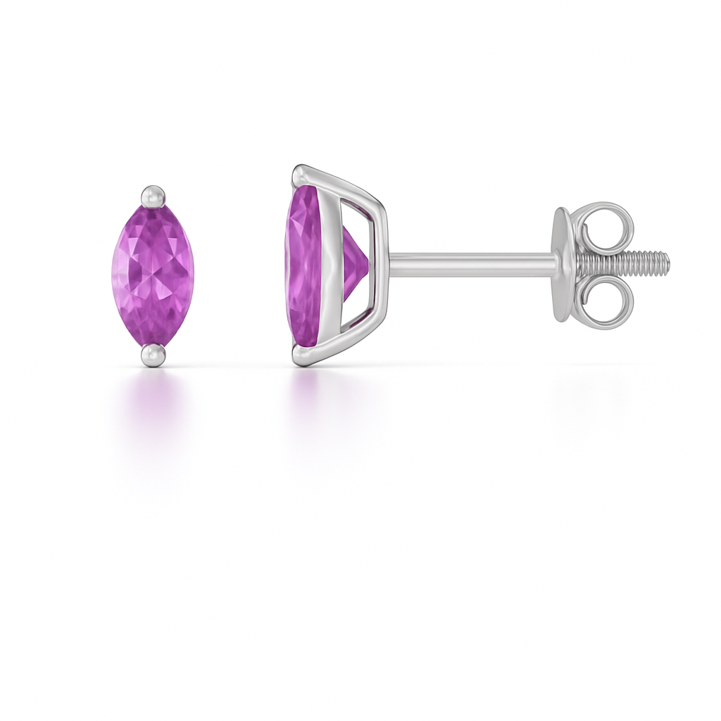 Pink amethyst stud earrings in 6×3 mm marquise cut, crafted in white gold-plated 925 silver. Hypoallergenic and elegant for daily wear. Available now at BSI Jewelry.