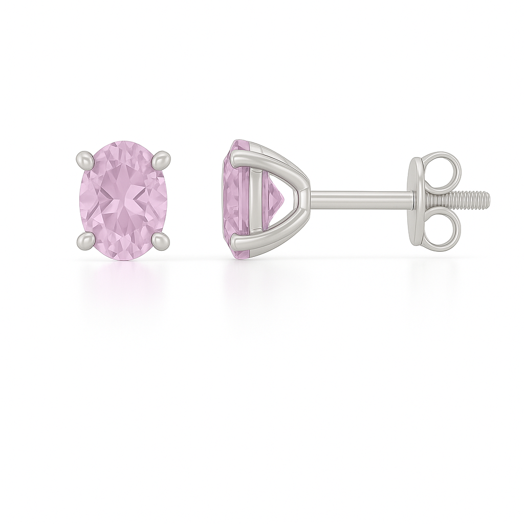 Pink amethyst stud earrings, 6×4 mm oval cut, in white gold-plated 925 silver with palladium alloy. Radiant and hypoallergenic. Available now at BSI Jewelry.