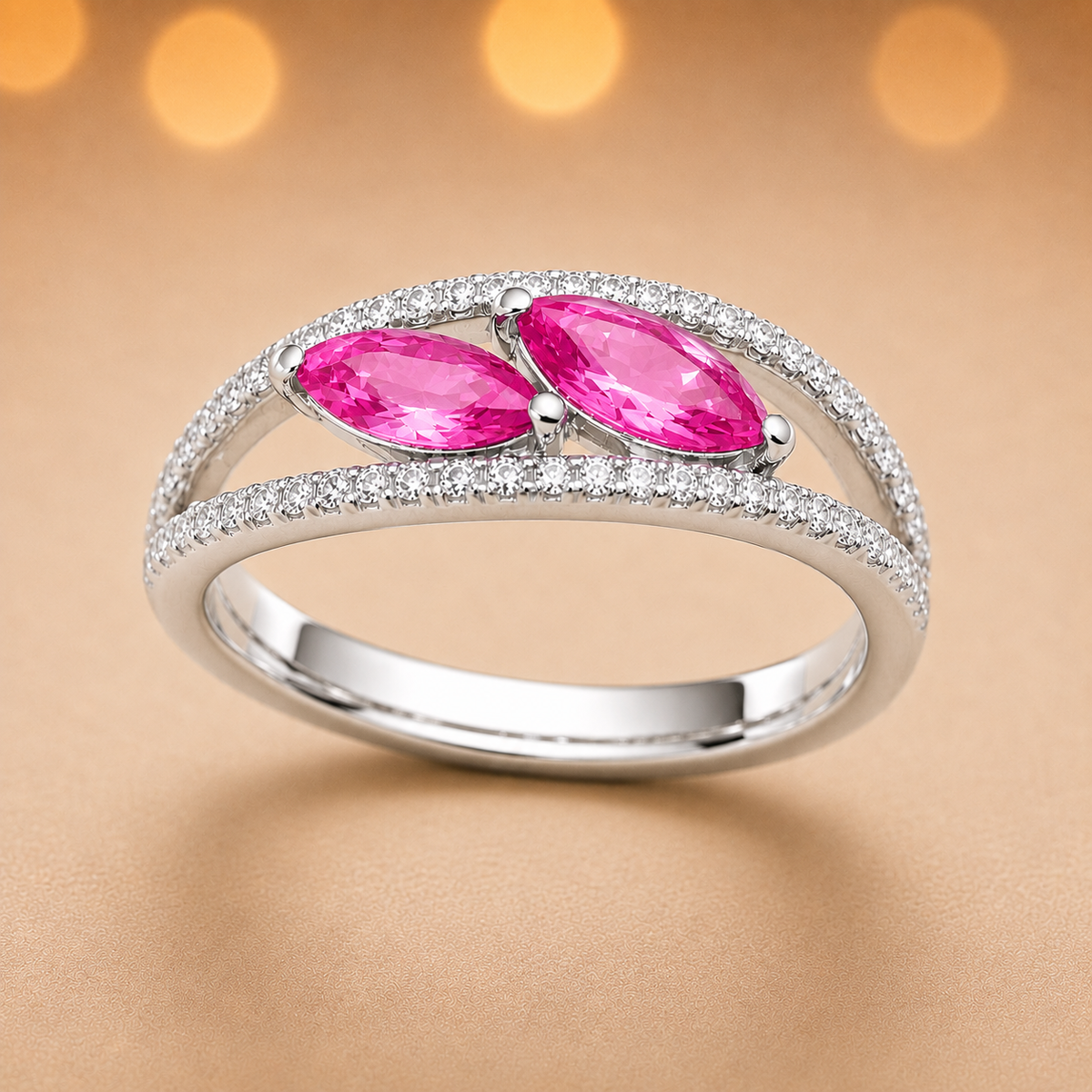 Pink sapphire crossover ring with 6×3 mm marquise in white gold-plated 925 silver, accented with moissanite. Elegant and contemporary. Available now at BSI Jewelry.