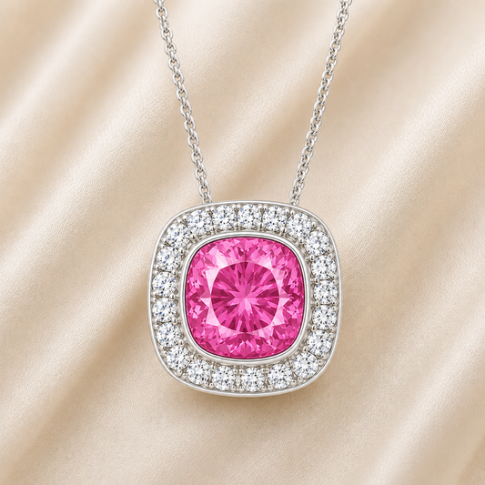 Pink sapphire cushion pendant with 6 mm center stone in white gold-plated 925 silver, accented with moissanite. Elegant and romantic. Available now at BSI Jewelry.