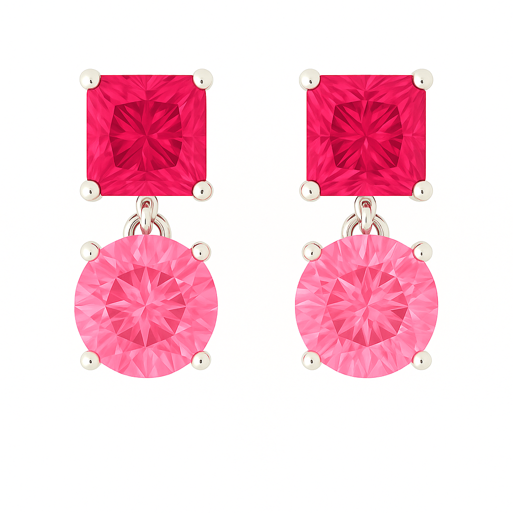 Romantic pink sapphire drop stud earrings with 5 mm princess and round, crafted in white gold-plated 925 silver with palladium-added alloy. Now at BSI Jewelry.