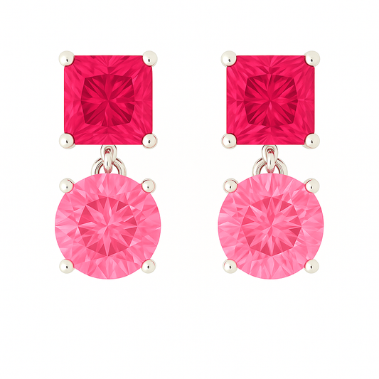 Romantic pink sapphire drop stud earrings with 5 mm princess and round, crafted in white gold-plated 925 silver with palladium-added alloy. Now at BSI Jewelry.