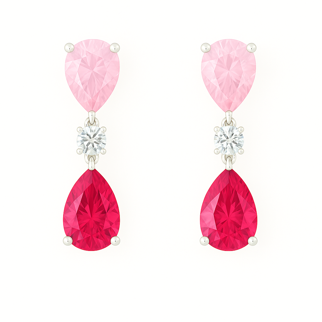 Striking pink sapphire drop stud earrings with 6×4 mm pear-cut stones, crafted in white gold-plated 925 silver with palladium-added alloy. Now at BSI Jewelry.