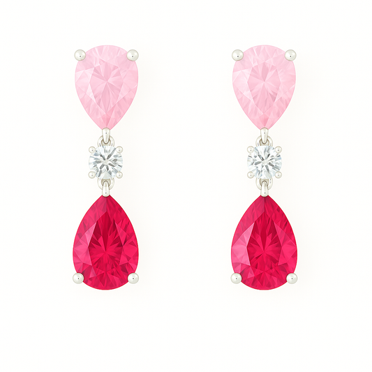 Striking pink sapphire drop stud earrings with 6×4 mm pear-cut stones, crafted in white gold-plated 925 silver with palladium-added alloy. Now at BSI Jewelry.