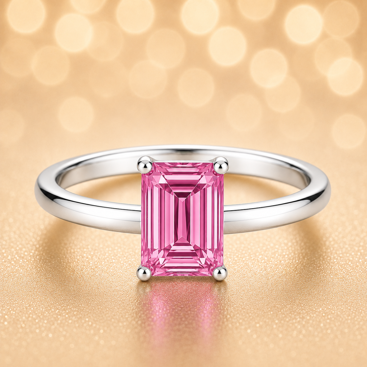 7×5 mm emerald-cut pink sapphire solitaire ring set in white-gold-plated 925 silver. Radiant hue, timeless elegance, and refined simplicity. Now at BSI Jewelry.