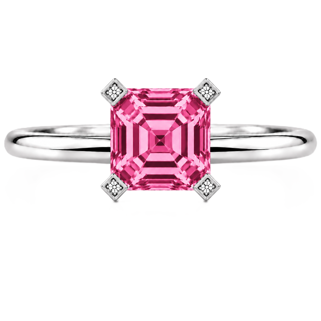 Romantic pink sapphire engagement ring with a 6 mm asscher-cut center stone, crafted in white gold plated 925 silver. Available now at BSI Jewelry.