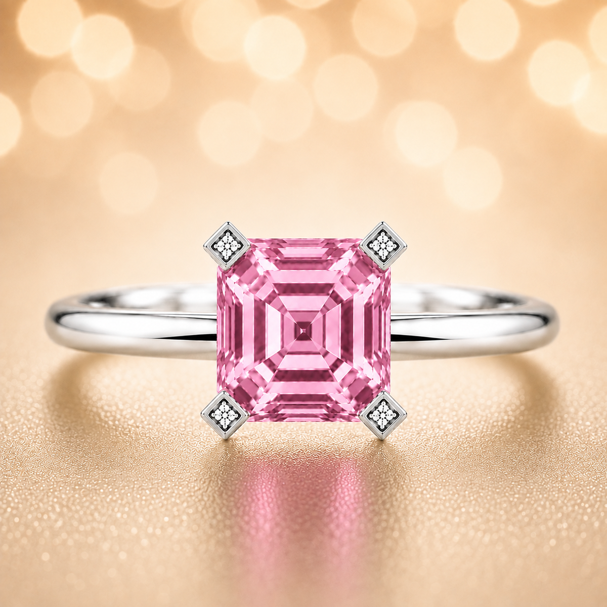 Romantic pink sapphire engagement ring with a 6 mm asscher-cut center stone, crafted in white gold plated 925 silver. Available now at BSI Jewelry.