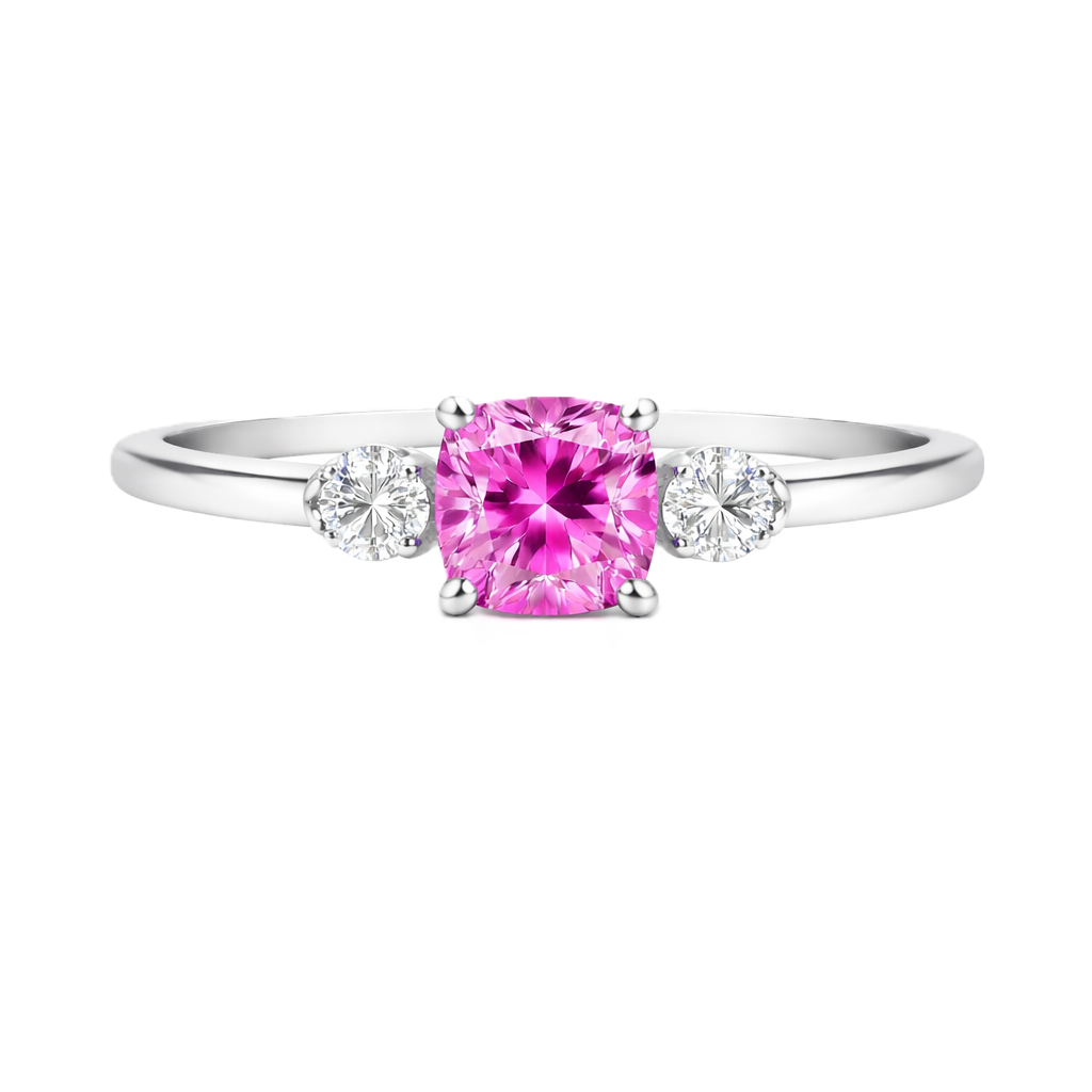 Pink sapphire engagement ring, 6 mm cushion, crafted in white gold-plated 925 silver. Elegant and timeless for daily wear. Available now at BSI Jewelry.