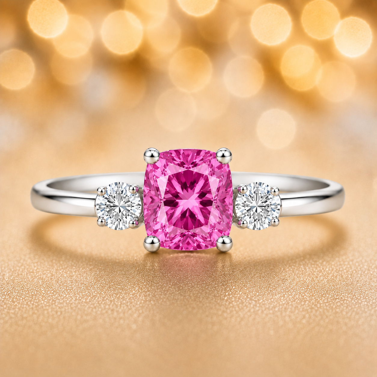 Pink sapphire engagement ring, 6 mm cushion, crafted in white gold-plated 925 silver. Elegant and timeless for daily wear. Available now at BSI Jewelry.