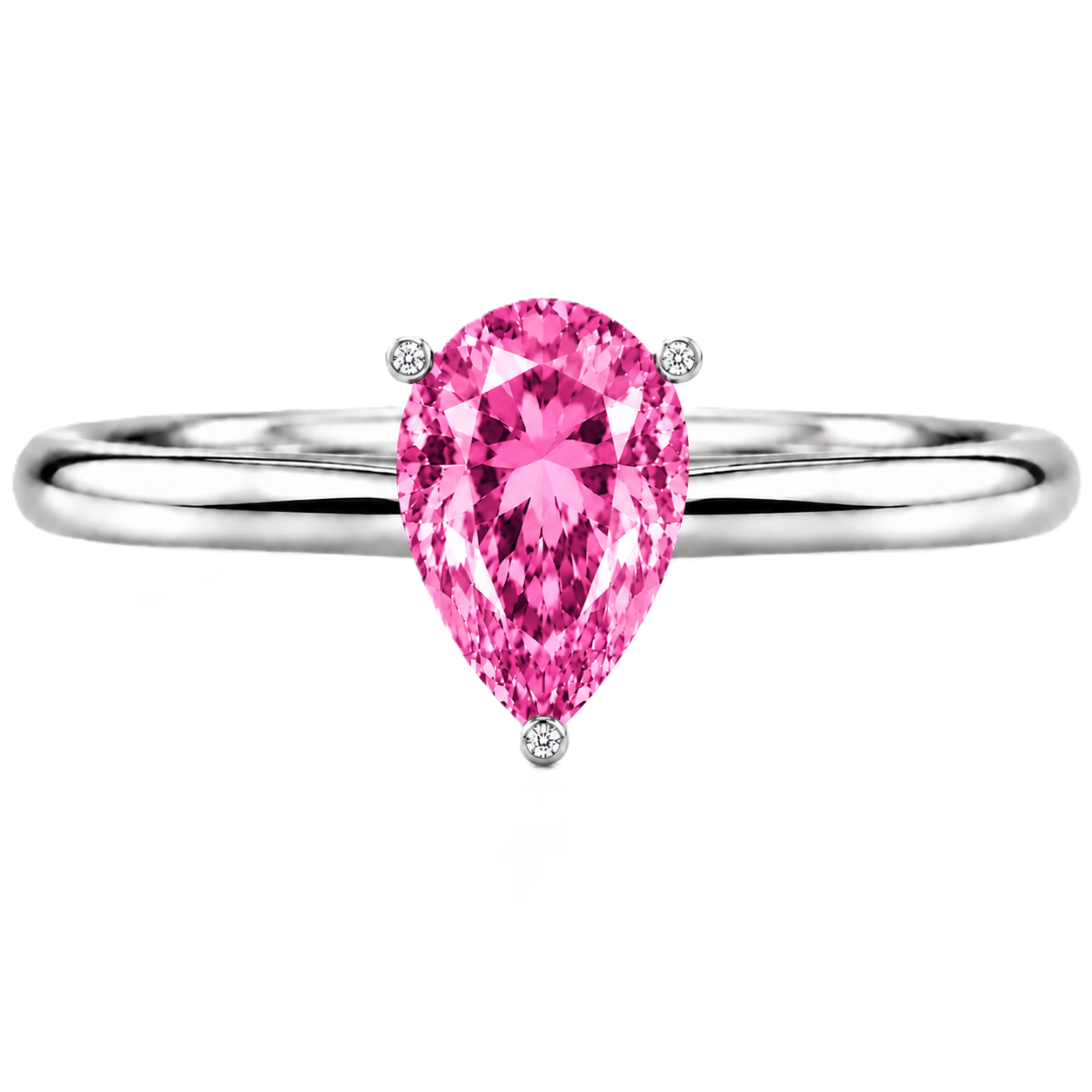 Romantic pink sapphire engagement ring with a 6×4 mm pear-cut center stone, crafted in white gold plated 925 silver. Available now at BSI Jewelry.