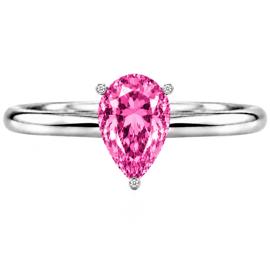 Romantic pink sapphire engagement ring with a 6×4 mm pear-cut center stone, crafted in white gold plated 925 silver. Available now at BSI Jewelry.