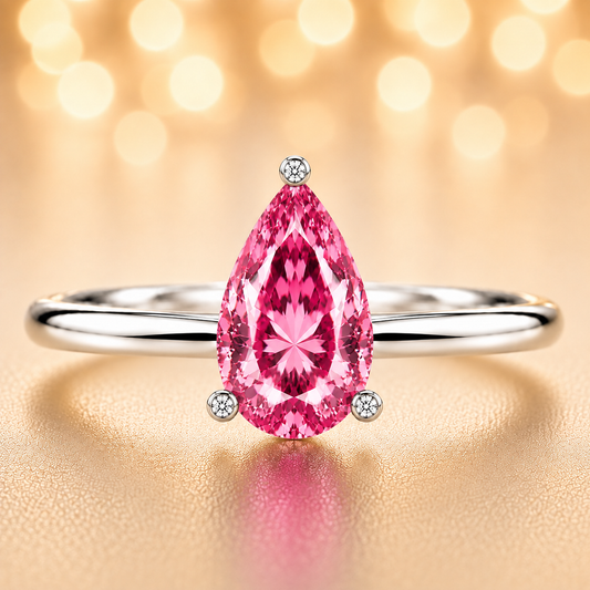 Romantic pink sapphire engagement ring with a 6×4 mm pear-cut center stone, crafted in white gold plated 925 silver. Available now at BSI Jewelry.