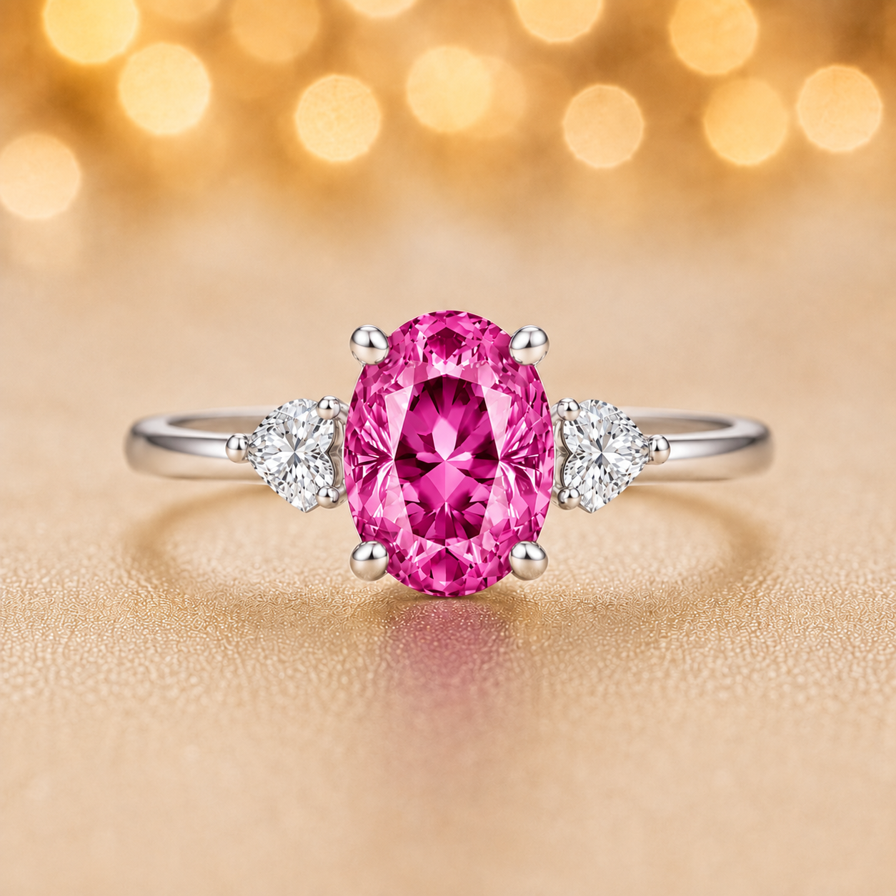 Pink sapphire engagement ring with 6×4 mm oval center and elegant three-stone design, crafted in white gold-plated 925 silver. Available now at BSI Jewelry.