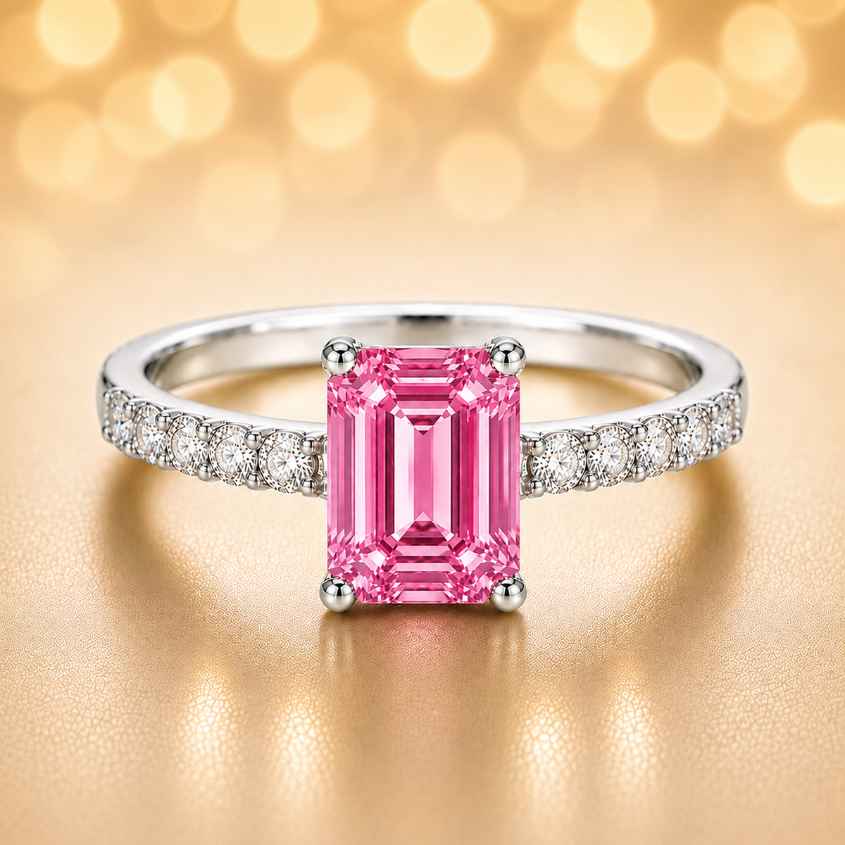7×5mm emerald-cut Pink Sapphire ring with Moissanite accents in white-gold-plated 925 silver. Romantic, elegant, and hypoallergenic. Available at BSI Jewelry.