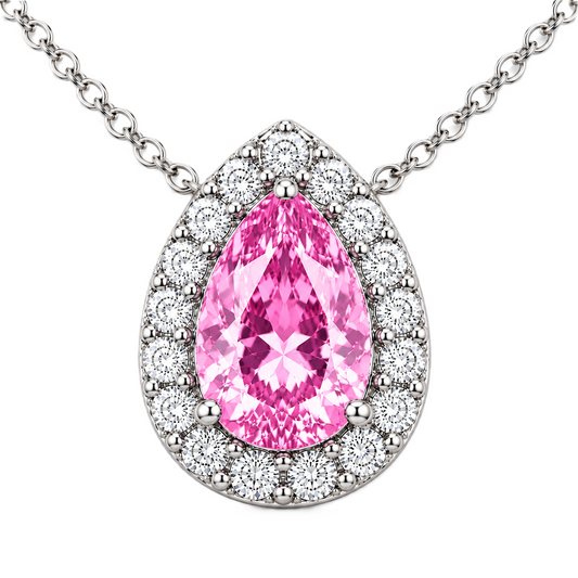 Pink Sapphire Halo Necklace with pear-cut sapphire and brilliant moissanite halo in white gold plated 925 silver.
