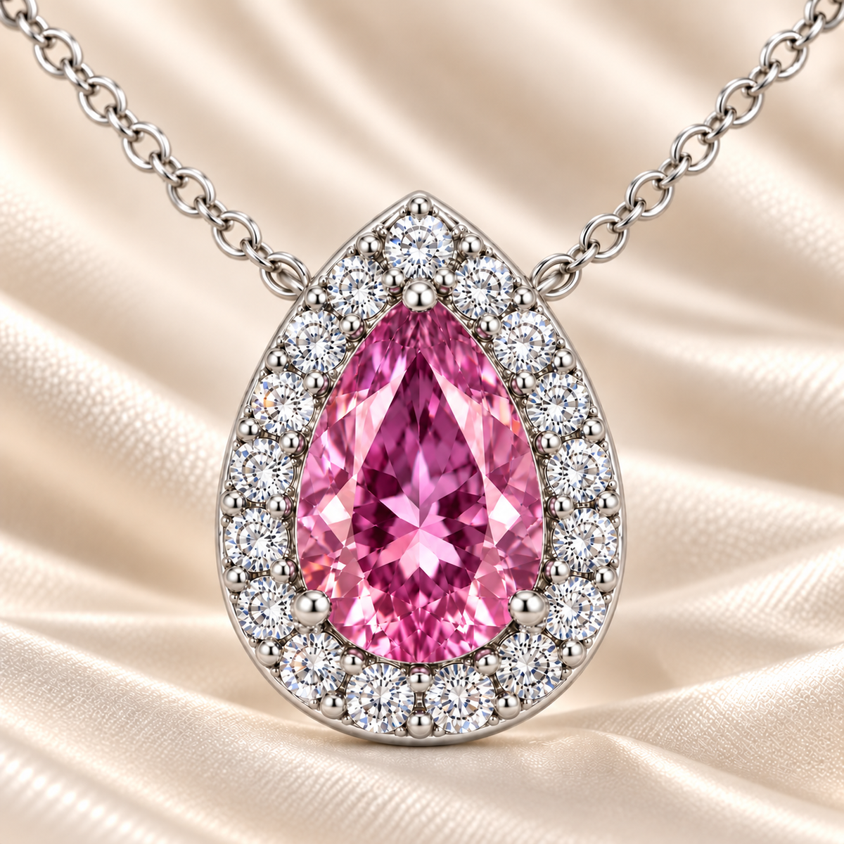 Pink Sapphire Halo Necklace with pear-cut sapphire and brilliant moissanite halo in white gold plated 925 silver.