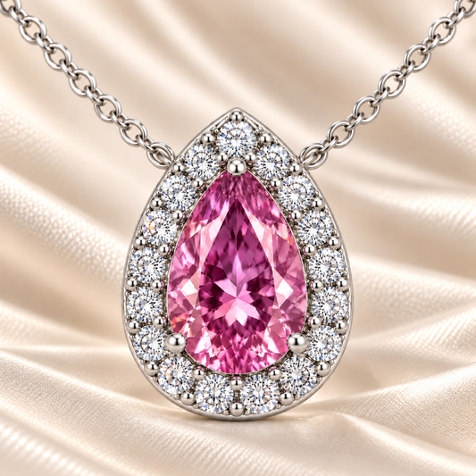 Pink Sapphire Halo Necklace with pear-cut sapphire and brilliant moissanite halo in white gold plated 925 silver.